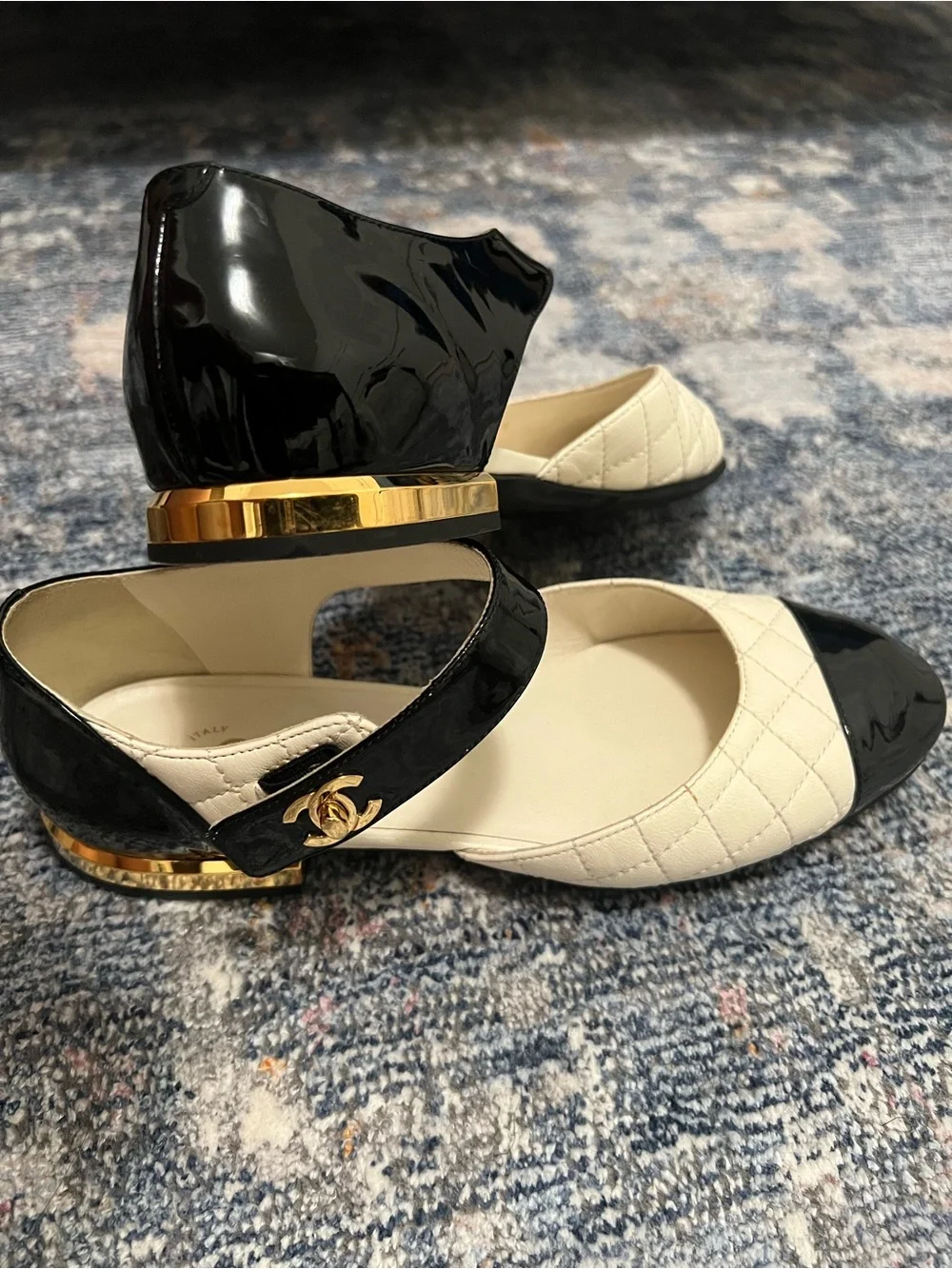 CHANEL Black & Cream Quilted Mary Jane Flats with Gold CC Hardware
